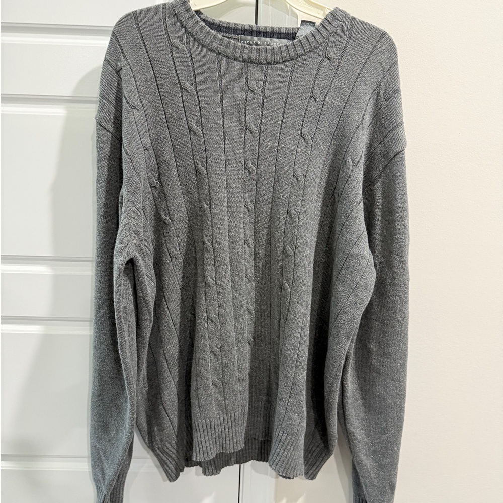 Oscar de la Renta Gray Cable Knit Crewneck Sweater XXL Cotton Quiet Luxury